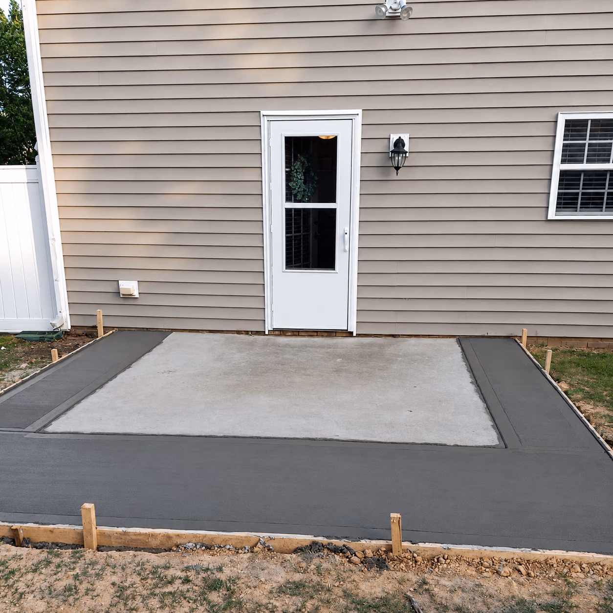 Newly poured concrete patio with border in front of a beige house door and window.