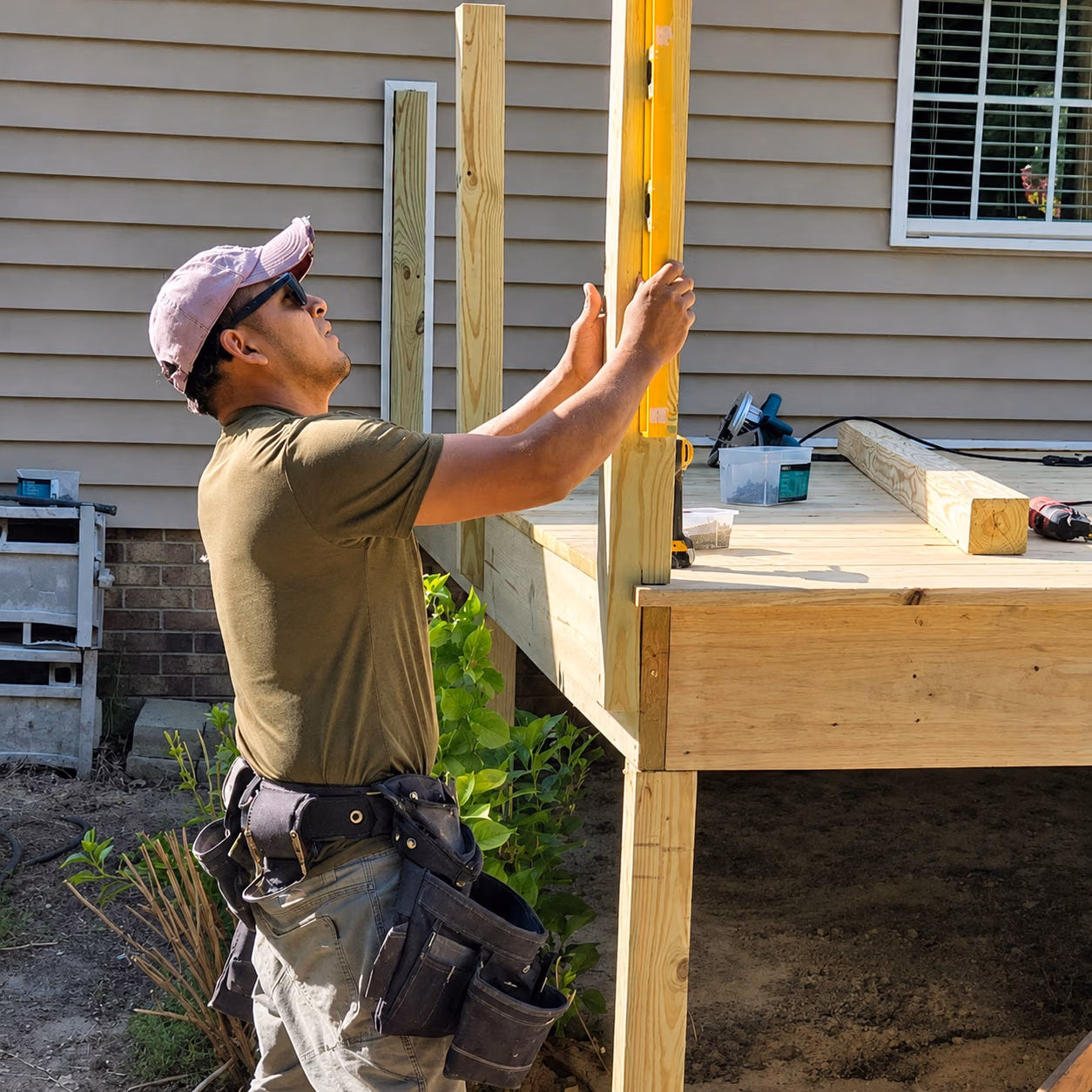 Construction worker using a level to check wooden posts on a raised deck outside a house.