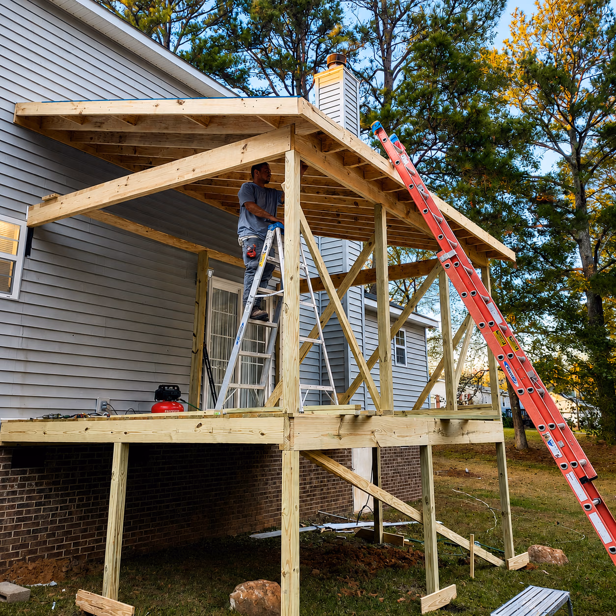 Man building wooden deck roof attached to house, standing on a ladder with tools nearby.