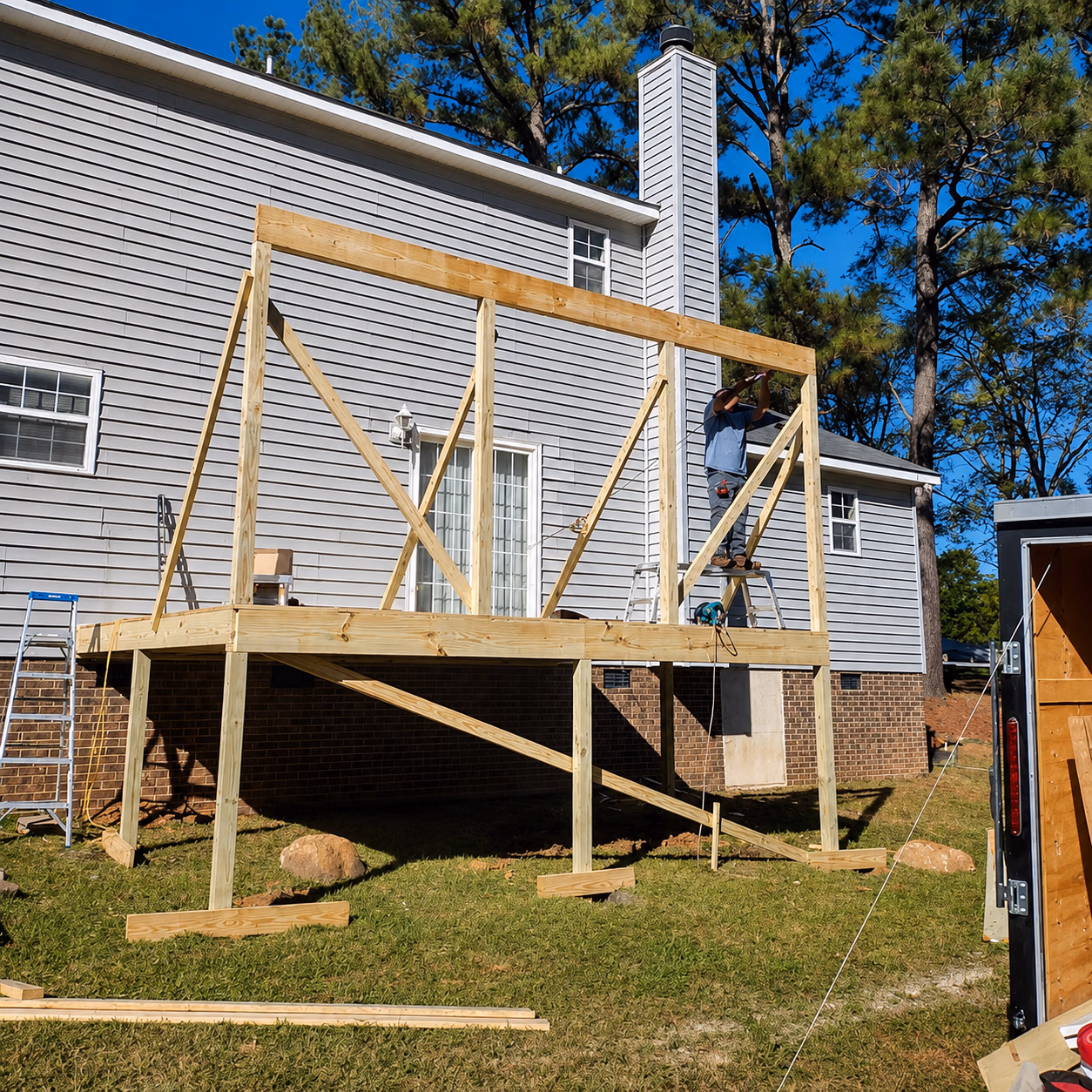 Worker building a wooden deck frame attached to a house with tools and ladders nearby.