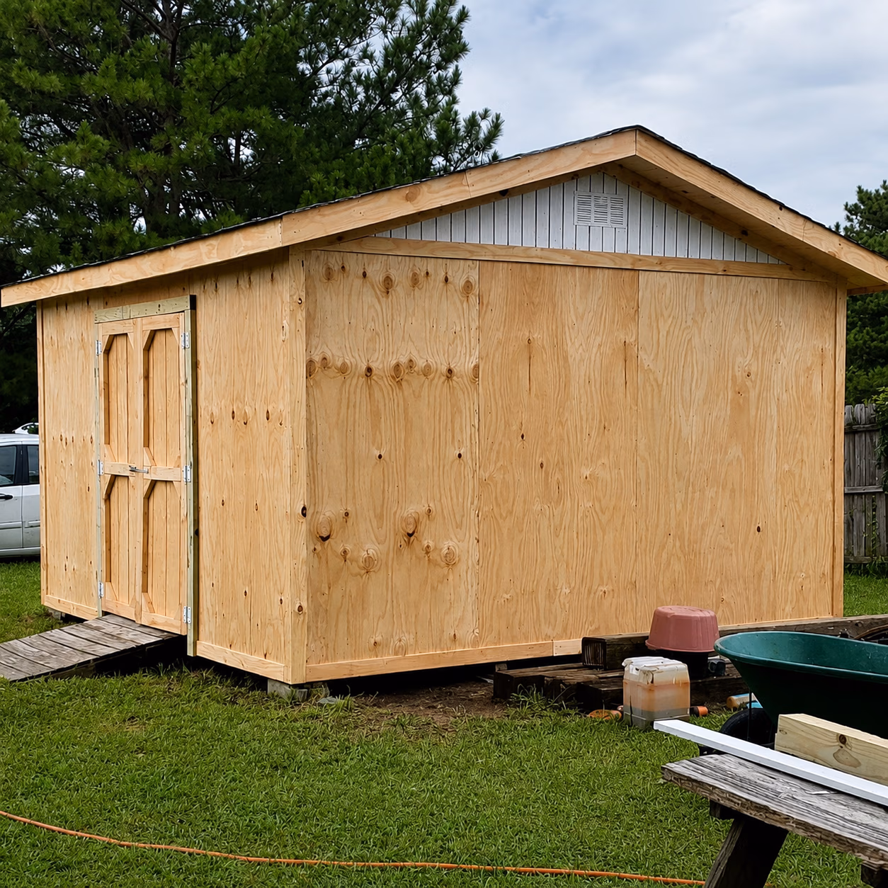 New wooden shed with double doors and ramp, surrounded by grass and trees under cloudy sky.