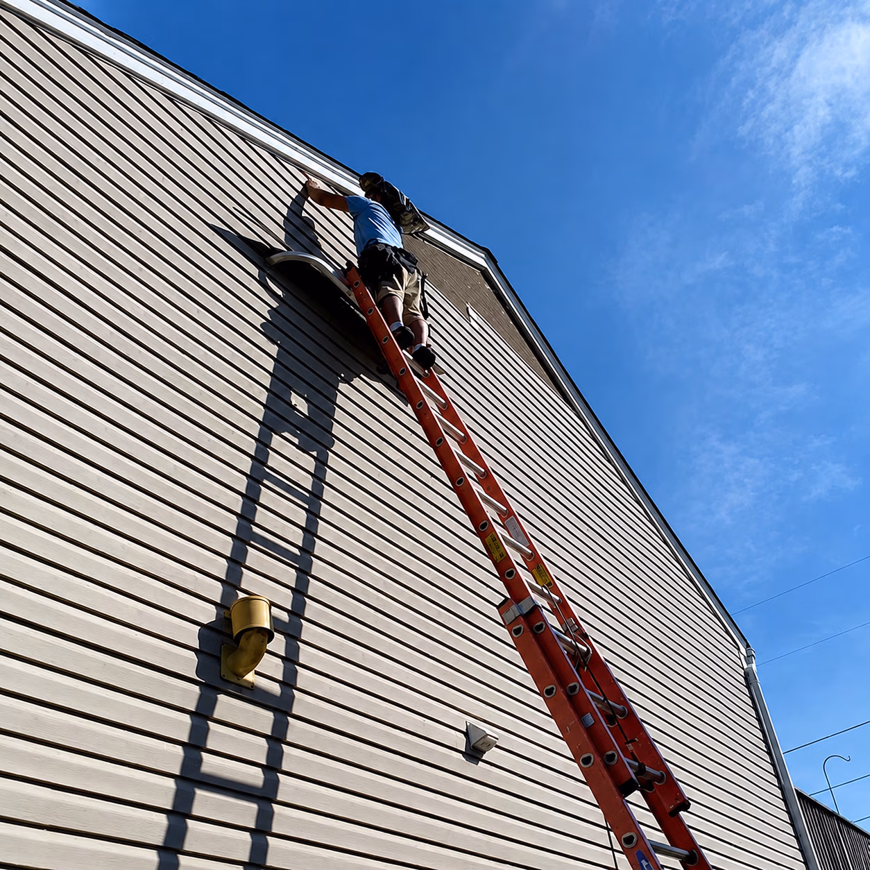 Person on tall red ladder working on beige siding near roof edge under blue sky.